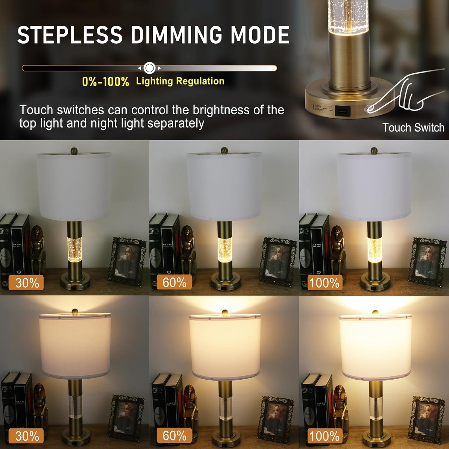 Serteaw Touch Control Table Lamp Set of 2 - Gold Crystal Nightstand Lamps with USB Ports, Stepless Dimming Mode, Stylish Side Lamp for Bedroom and Living Room, Energy-Efficient LED Bulb Included Gold,claear bubble