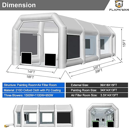 Miniatura 5 de FLAPKWAN Cabina de pintura inflable de 39 x 18 x 15 pies con tres sopladores para camiones, cabina de pulverización portátil para pintura