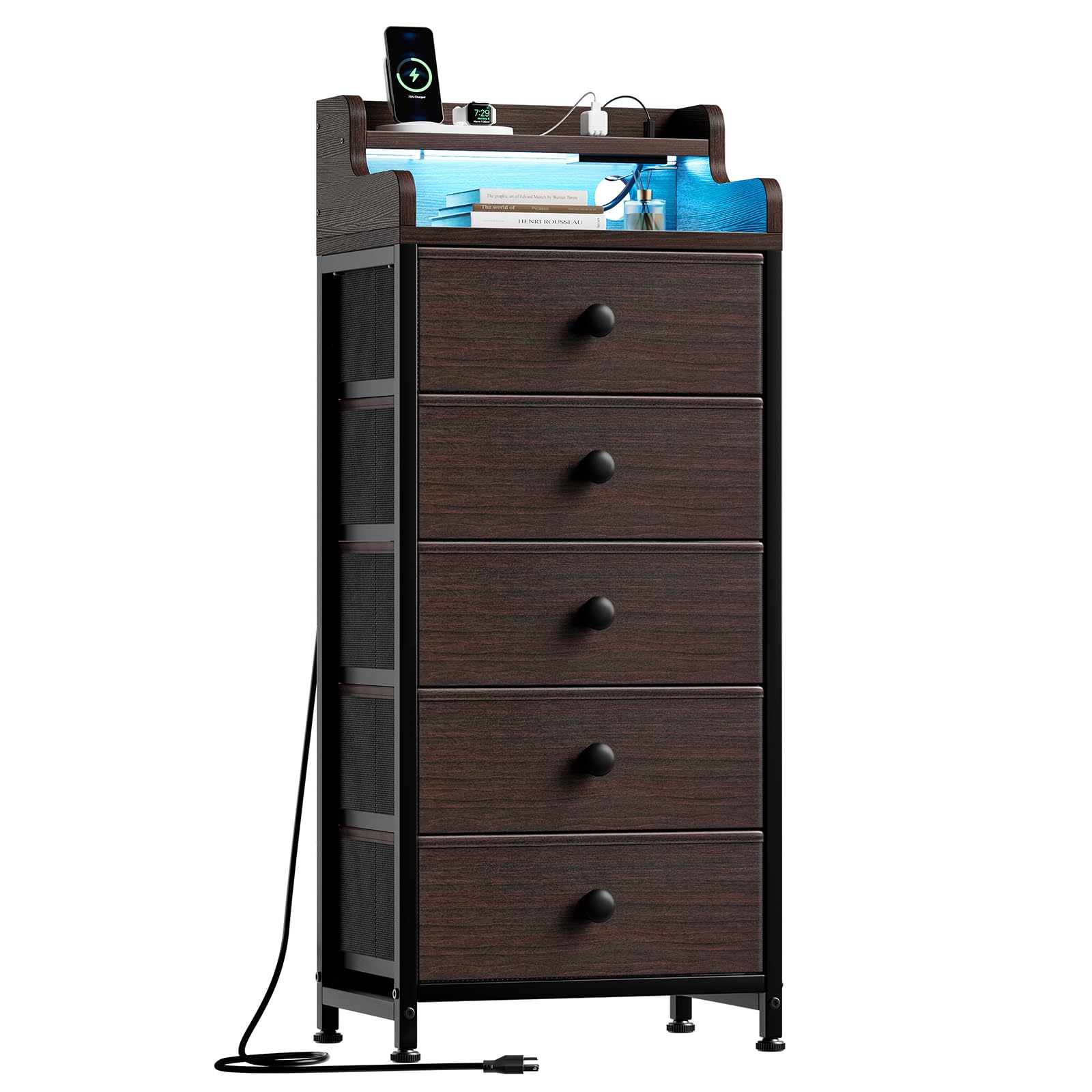 REAHOME 5 Drawer Dresser for Bedroom with Charging Station and LED Lights, Brown Chest of Drawers with Shelves, Tall Night Stand with Sturdy Steel Frame & Wood Top for Bedroom - Dark Brown