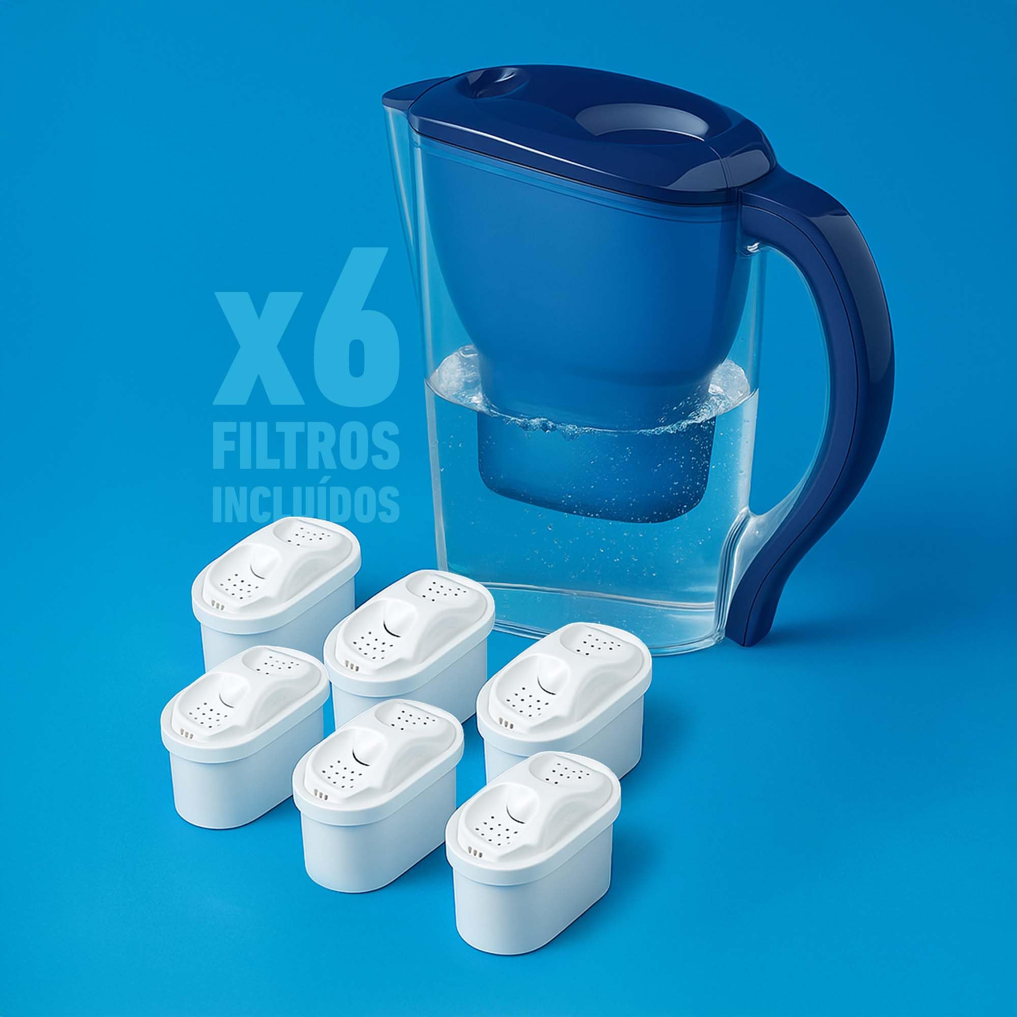 Jata Hogar HJAR1001 - Jarra con filtro de agua de 2,5 litros. Incluye 6 cartuchos iónicos. Reduce la cal, cloro y residuos de cobre. Agua con sabor y pureza.