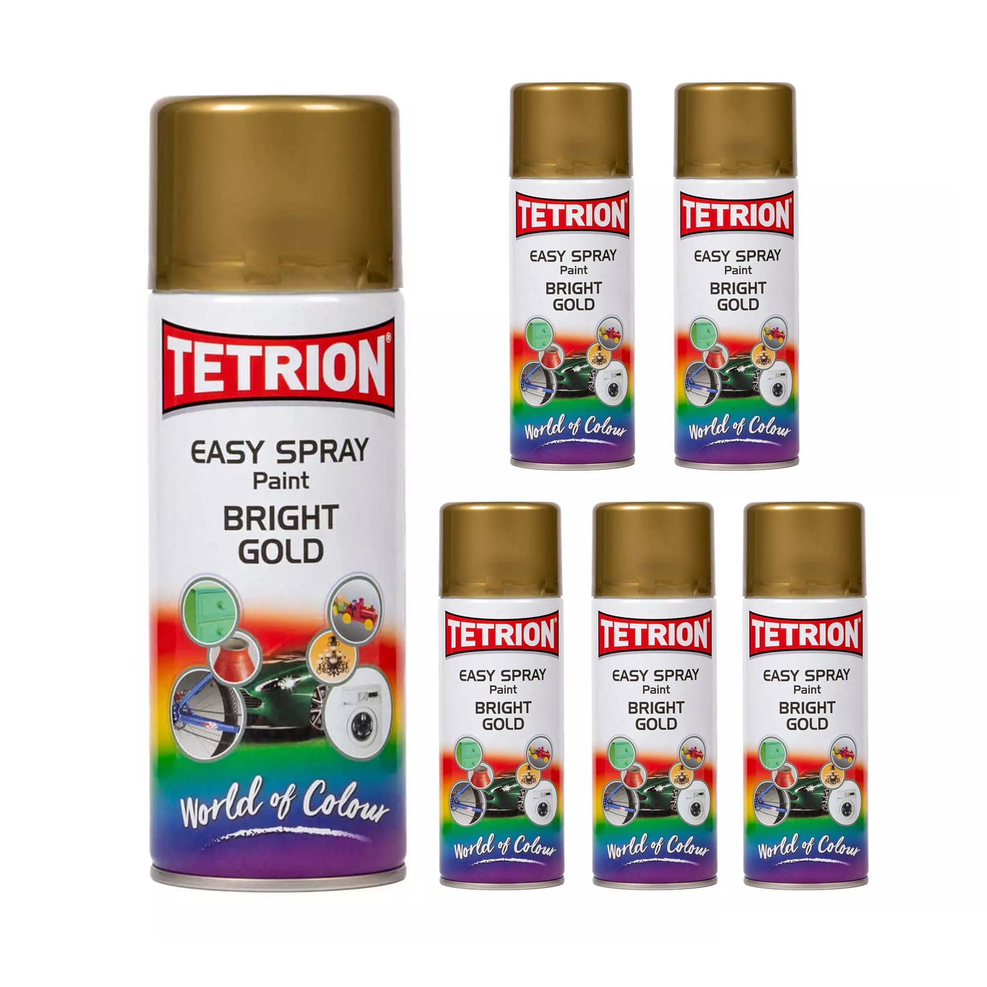 Tetrion Easy Spray Paint - Bright Gold 13.5 oz (Pack of 6) – Metallic Multipurpose Fast-Drying Paint for All Surfaces, Metal, Wood, Plastic &amp; Ceramic, 400ml