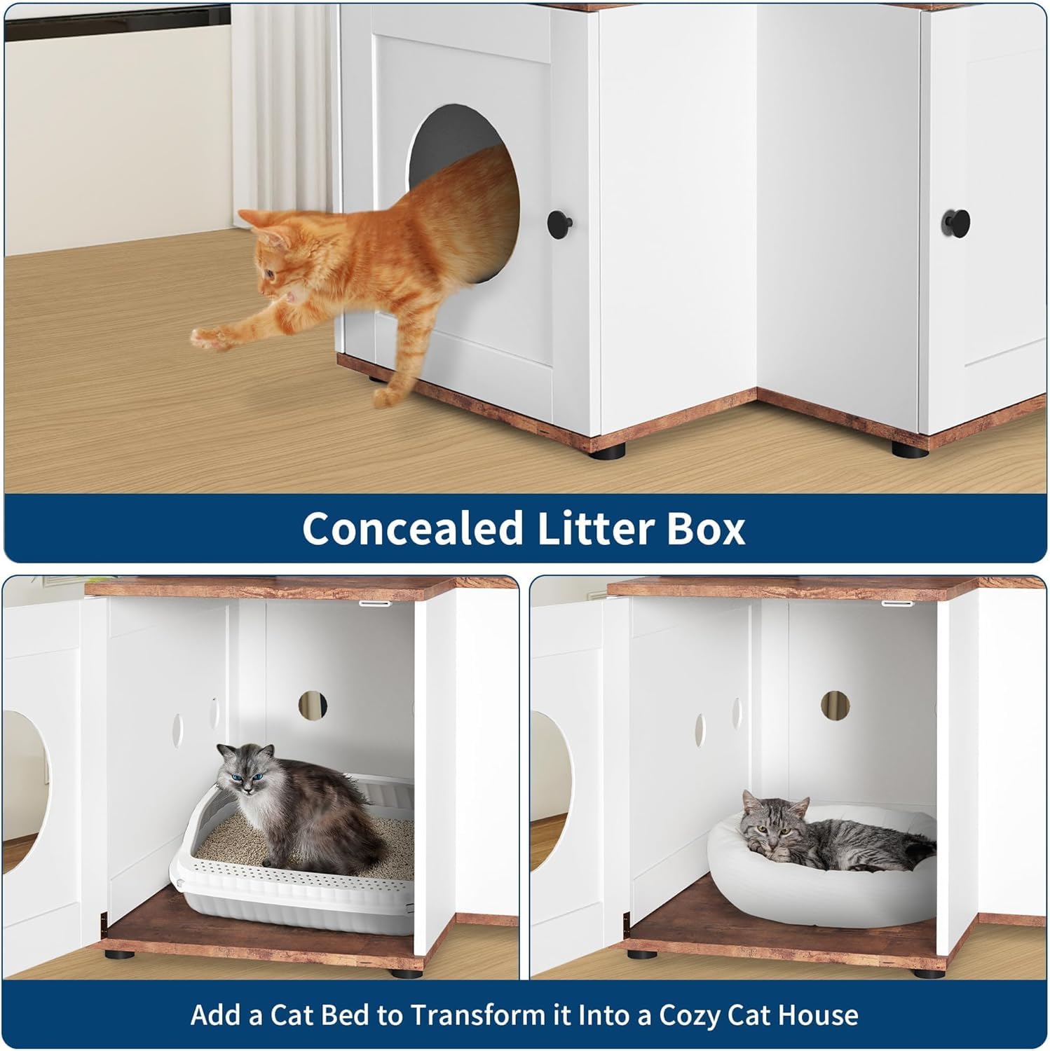 Katzentoilette mit Aufbewahrungsschrank, verstecktes Katzenstreumöbel mit Kratzbrett, Kratzbrett und Spielbälle, großer Kratzbaum mit Katzenstreuschrank, Möbel aus Holz
