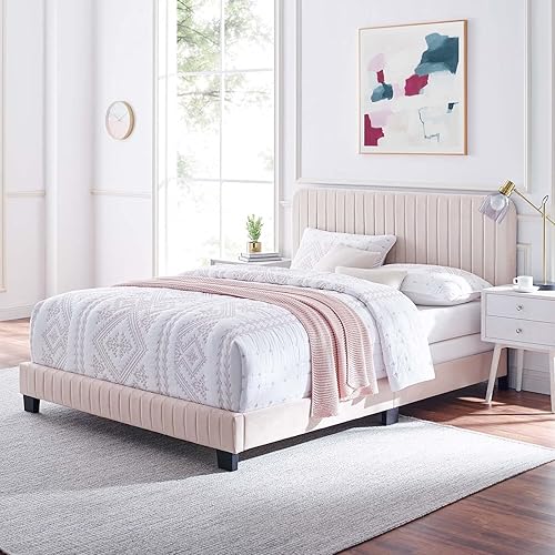Modway Celine Channel - Cama de terciopelo de alto rendimiento, tamaño Queen, color rosa