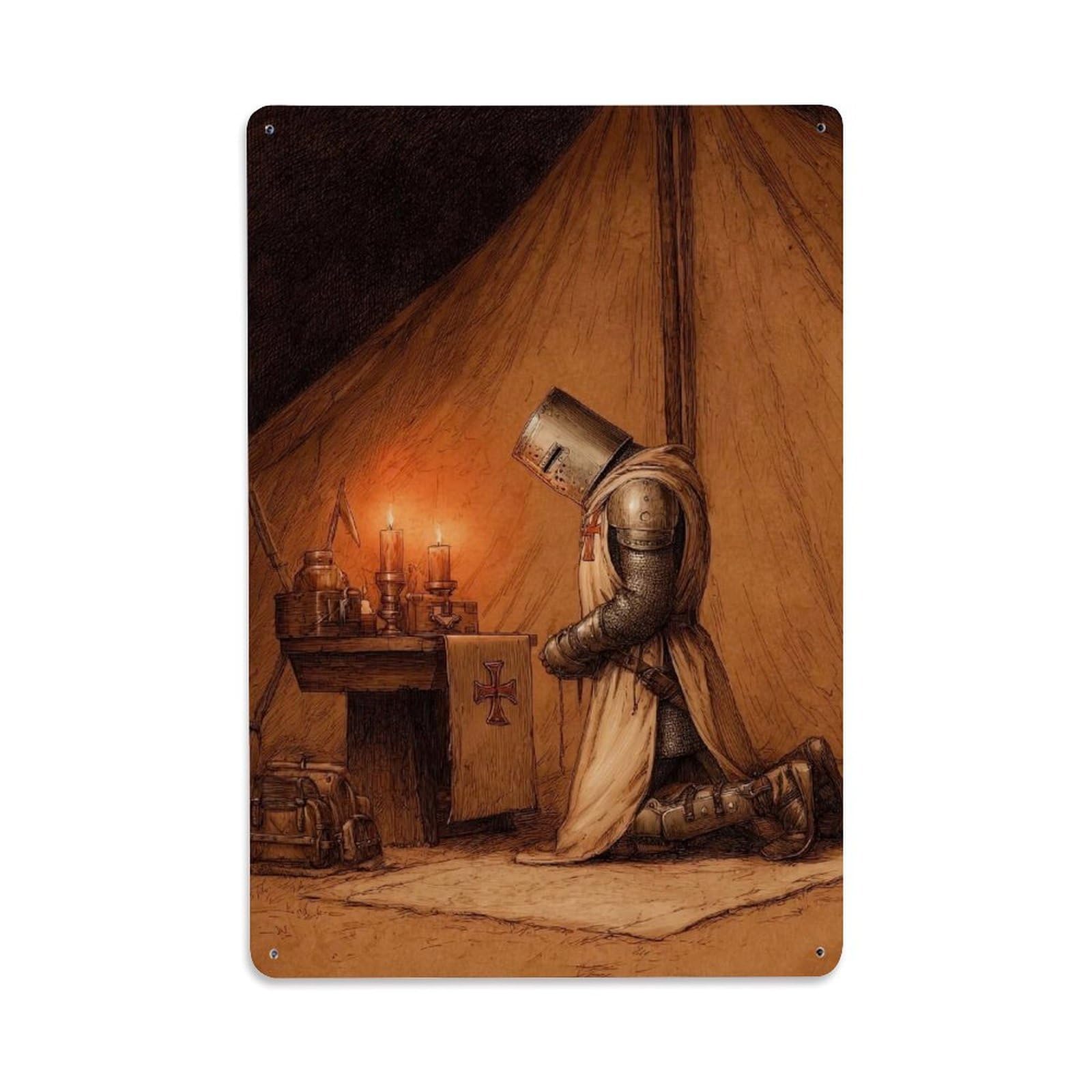 Sacred Zen Templar Knight Prayer Crusader Religious Study Metal Tin Sign Plaque Wall Decor for Cafe, Man Cave, Club Bar, Office, Home Garden Round Metal Poster 8x12Inch