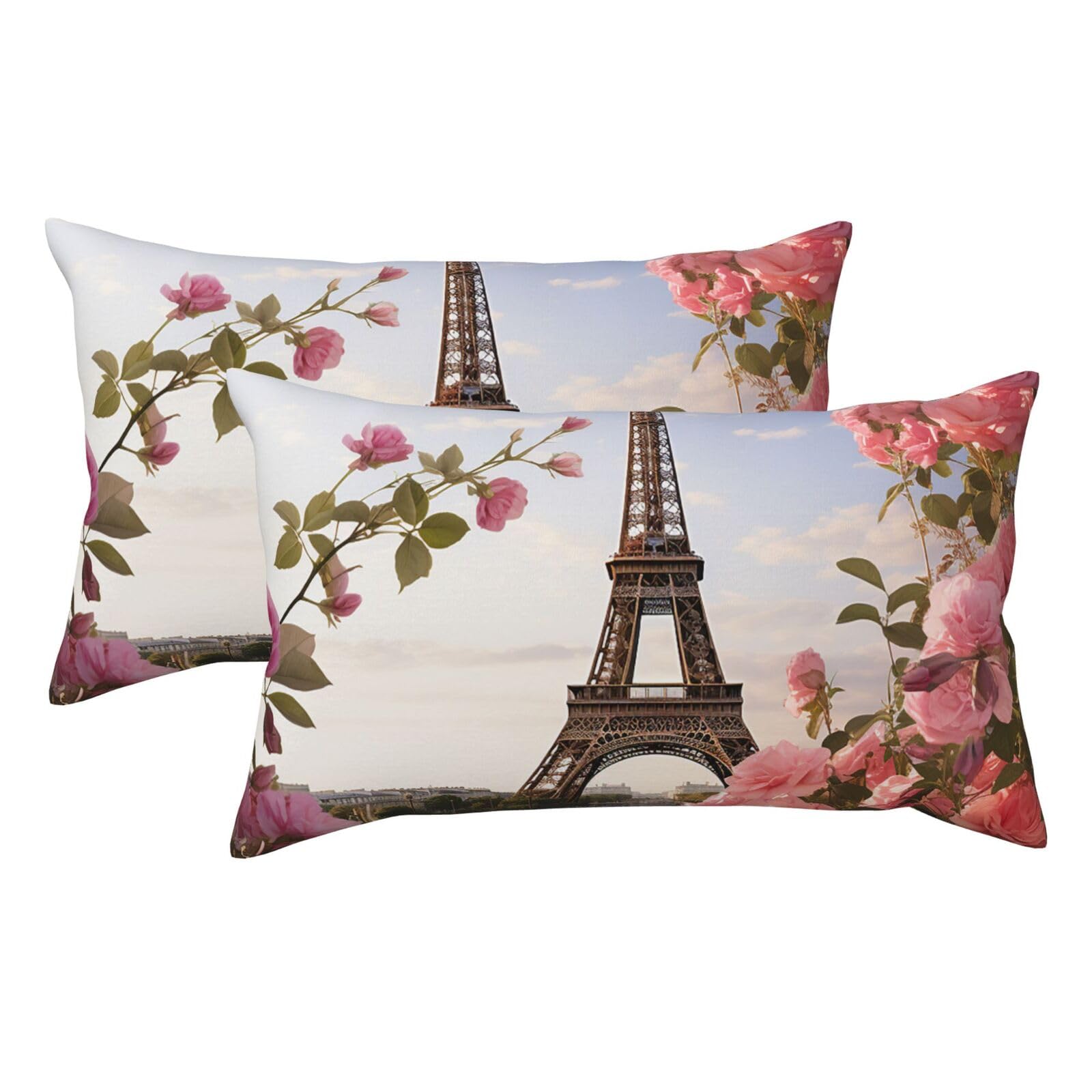 2 Pack King Pillow Cases with Hidden Zipper, Soft Breathable Pillow Covers for Hair and Skin, Eiffel Tower Spring Flowers Pillowcases 20"x36" Bed Pillow Protectors Cover for Sleeping Gifts