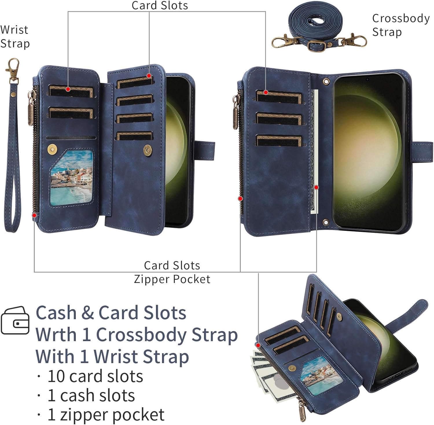 Asuwish Phone Case for Samsung Galaxy S23 Ultra 5G Zipper Wallet Cell Cover with Tempered Glass Screen Protector Crossbody Strap Flip Credit Card Holder S23Ultra 23S S 23 23Ultra 6.8 inch Women Blue