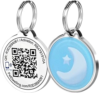 Pet Dwelling Universe Symbol QR Code Pet ID Tags - Dog Tags - Cat Tags, Connect to Online Pet Profile, Receive Instant Scanned Location Email Alert (NFC-Moon)