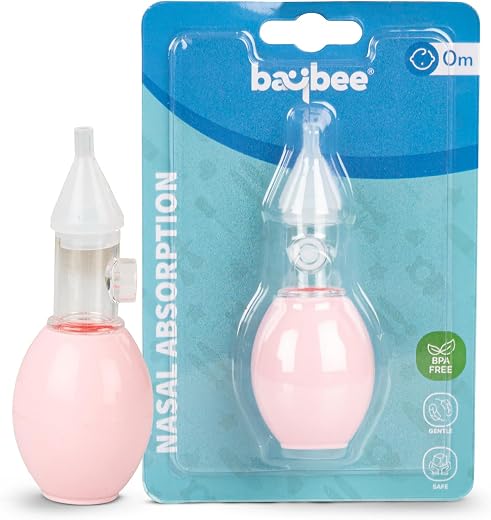 Baybee Newborn Silicone Nose Cleaner – 100% Safe and Reusable U-Shaped Nasal Aspirator for Infants and Kids, Pump-Type Bulb Syringe for Gentle Mucus Removal (Pink)