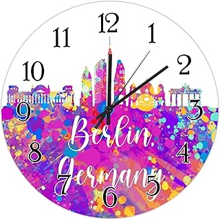 Germany Berlin Watercolor Art Wood Wall Clock Germany Berlin Colorful Cityscape Skyline Art Clocks Battery Operated Clock Skyline in Watercolor Round Clock for Bedroom 12inch