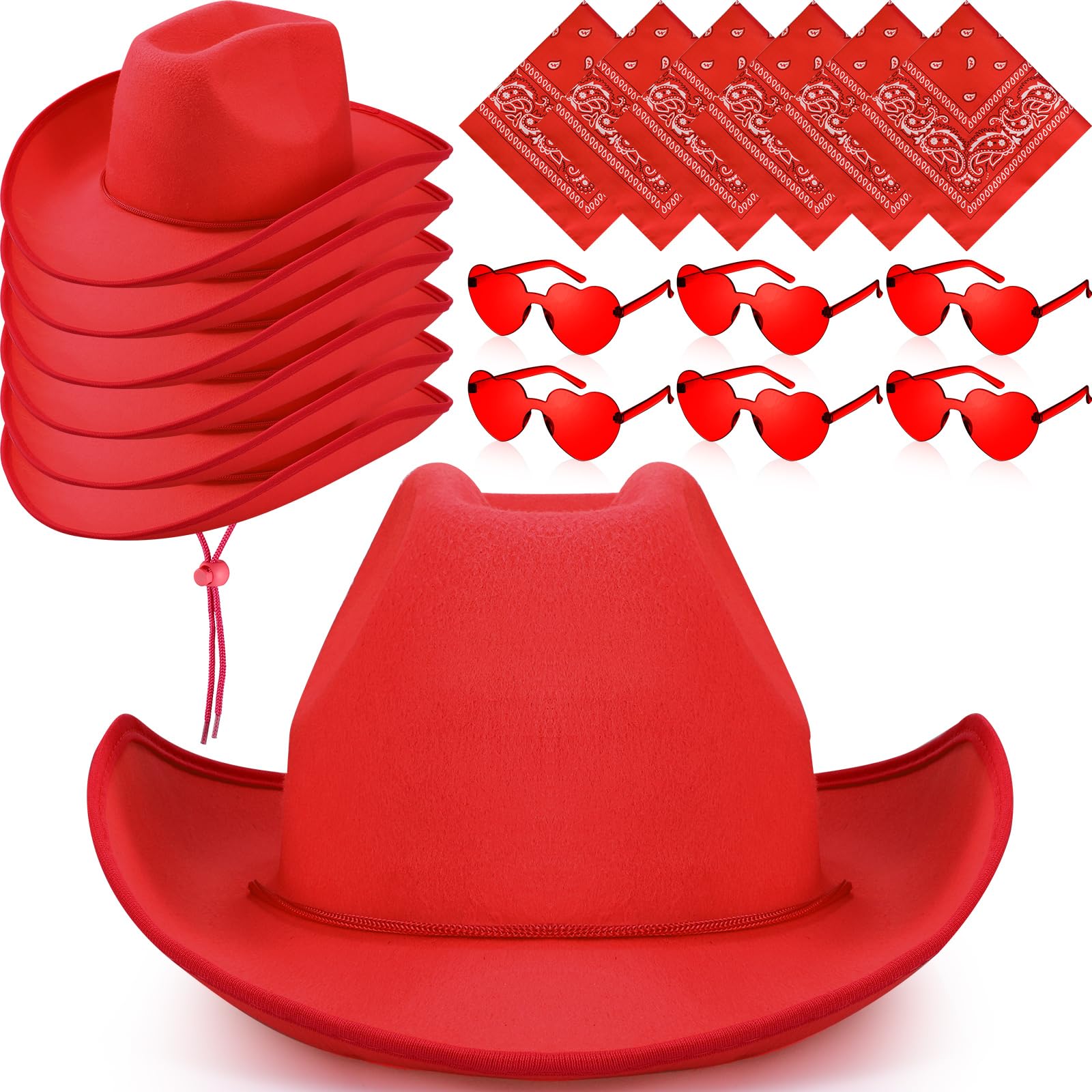 6 Sets Cowboy Hat Heart Shape Sunglasses and Cowboy Bandanas, Cow Girl Hat Rimless Transparent Heart Glasses for Cowgirl(Red,Simple Style)