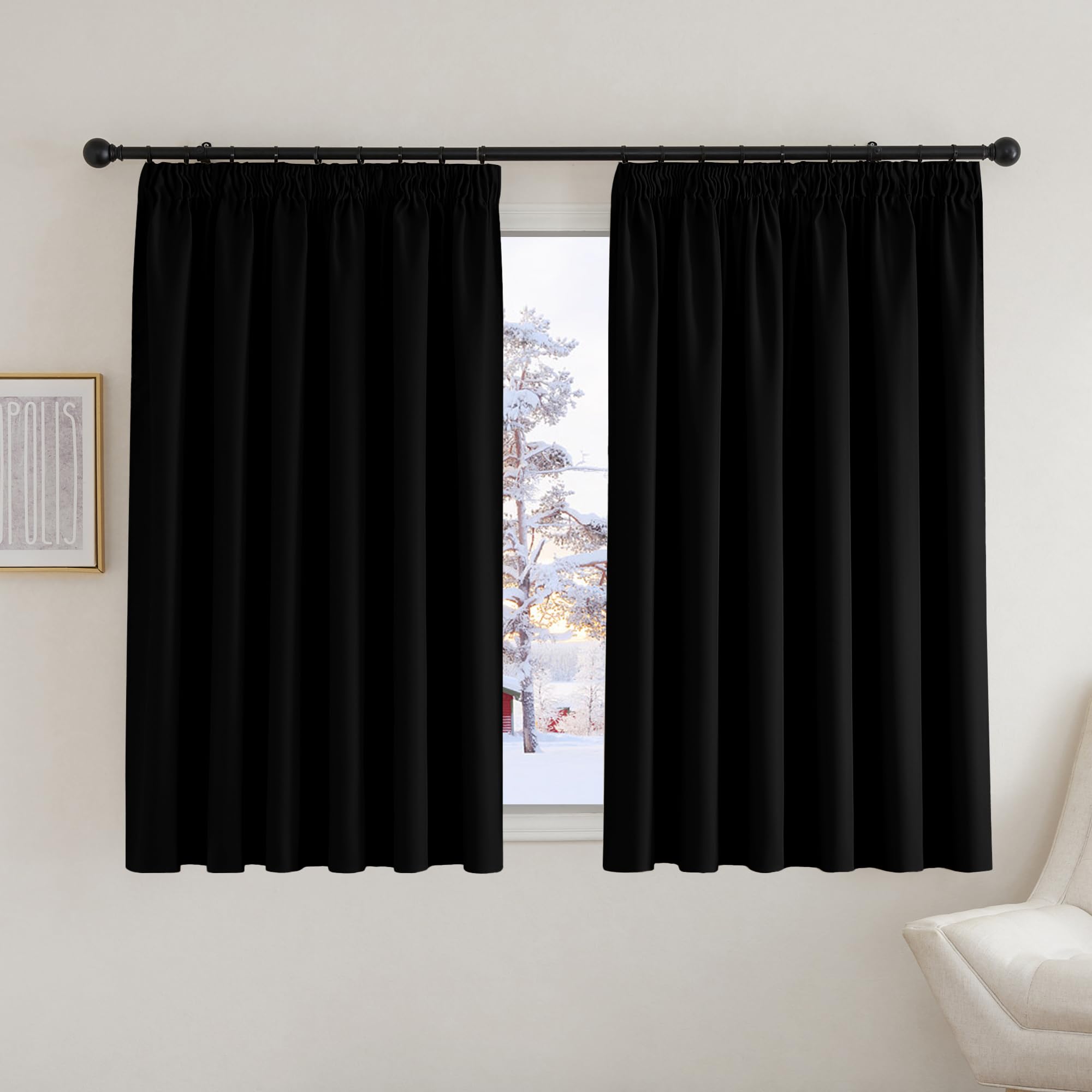 PONY DANCE Black Blackout Curtains for Bedroom with Hooks for Track Thermal Curtains 54 Drop Extra Wide Curtains for Room Darkening / Privacy Protection