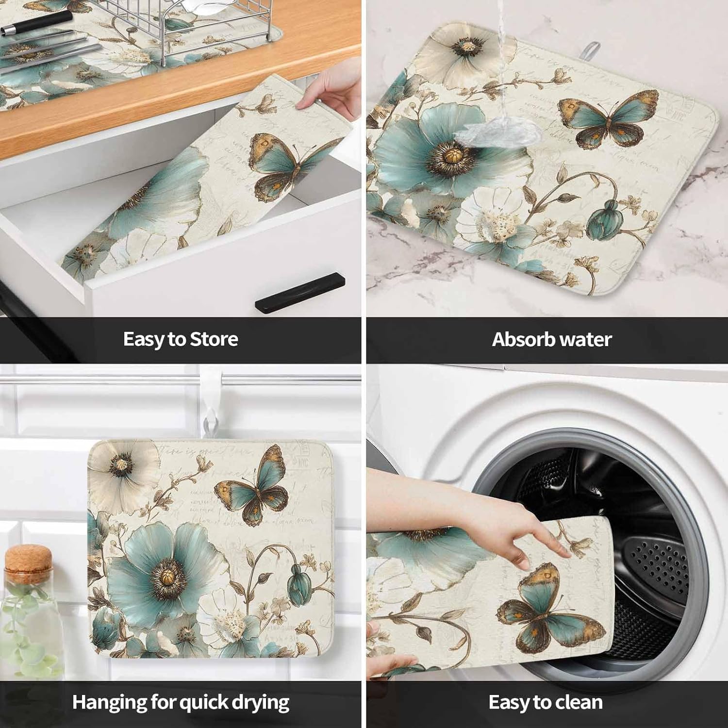 Dish Drying Mat Set of 2 Vintage Flower Butterfly Microfiber Absorbent Reusable Washable Dish Drying Rack Mat Blue Beige Coffee Mat for Coffee Maker Bar Kitchen Countertops 16x18inch