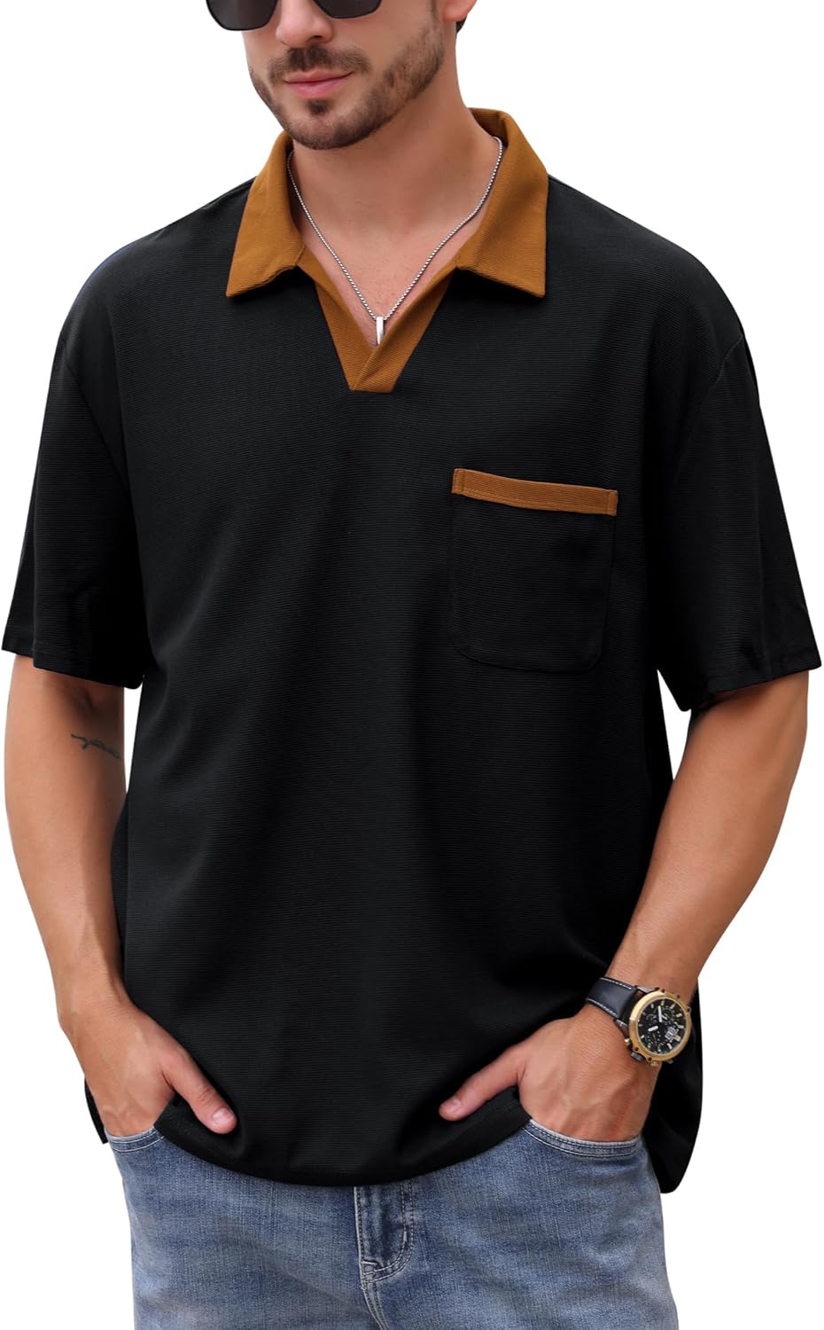 OLEMEK Men's Casual Polo Shirts Short Sleeve V Neck Waffle Knit Shirt Summer Loose Fit Ribbed Textured Shirt with Pocket