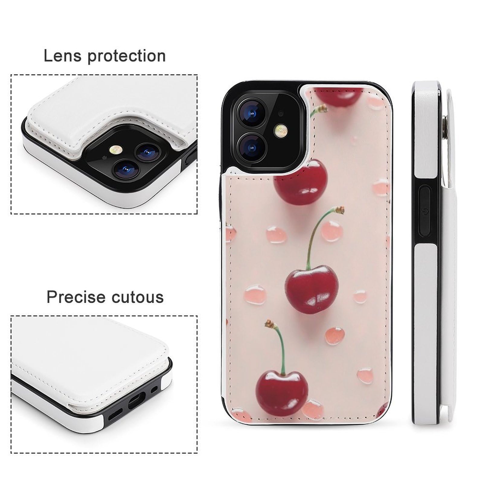 Fundas tipo cartera para iPhone 12 Mini, con estampado de cerezas rojas y encantadoras, funda de piel con ranuras para tarjetas
