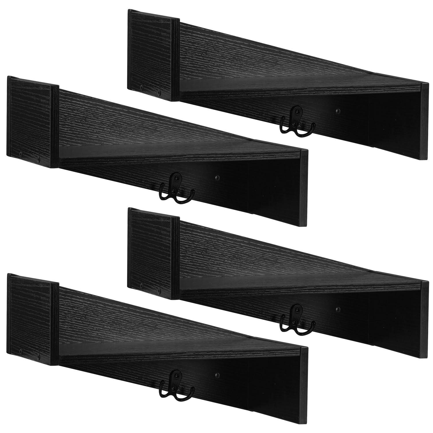 Gannyfer Floating Shelves - Set of 3 Wood Wall Shelf with Coat Hooks for Home Decor Storage,Small Wall Mounted Hanging Shelves for Bedroom,Kitchen,Living Room,Bathroom & Farmhouse, Black
