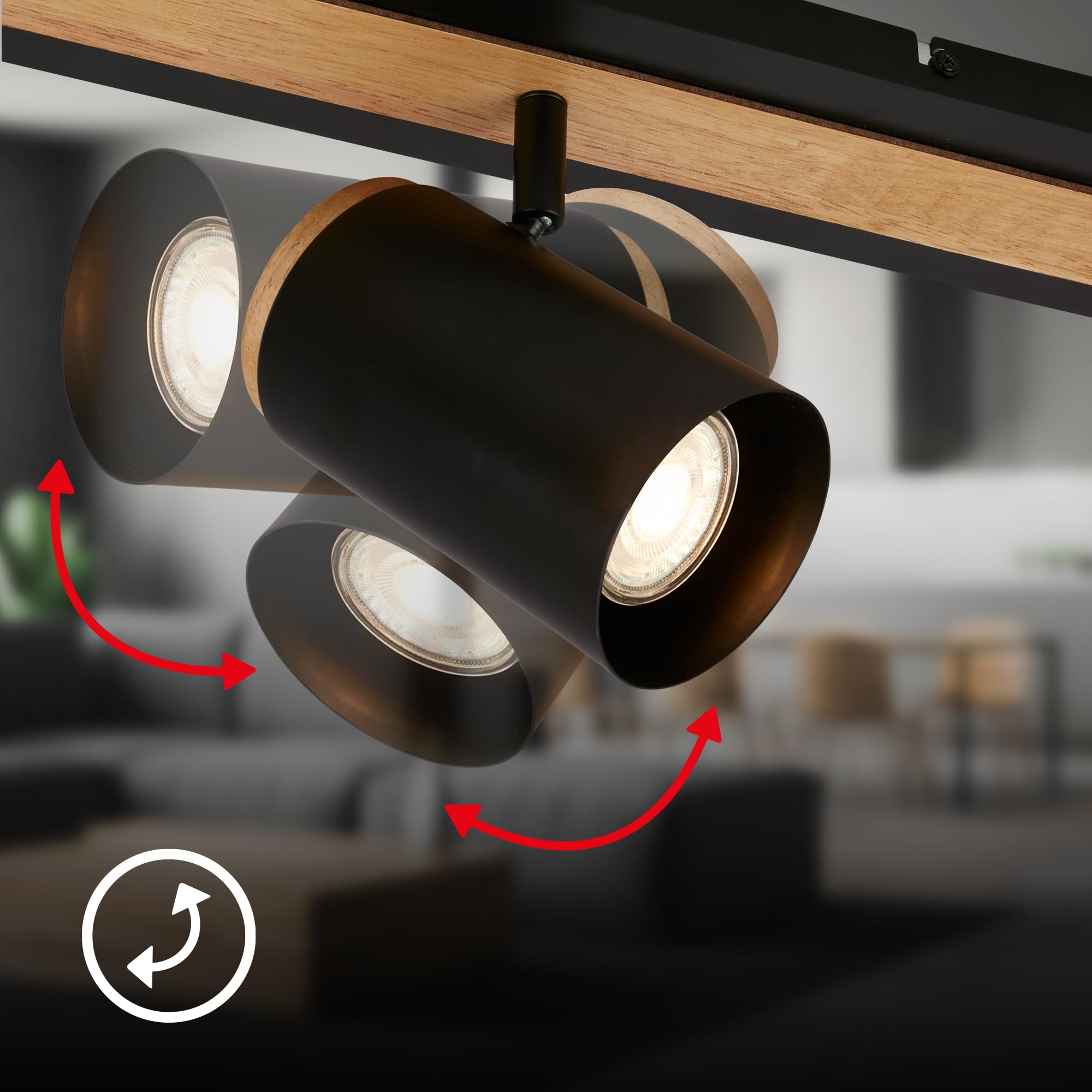 BRILONER - Obracana lampa sufitowa, gniazdo GU10, maks. 9W, lampa sufitowa, oprawa oświetleniowa, żyrandol do salonu, oświetlenie sufitowe, żyrandol sypialnia, 40 cm, czarno-drewno