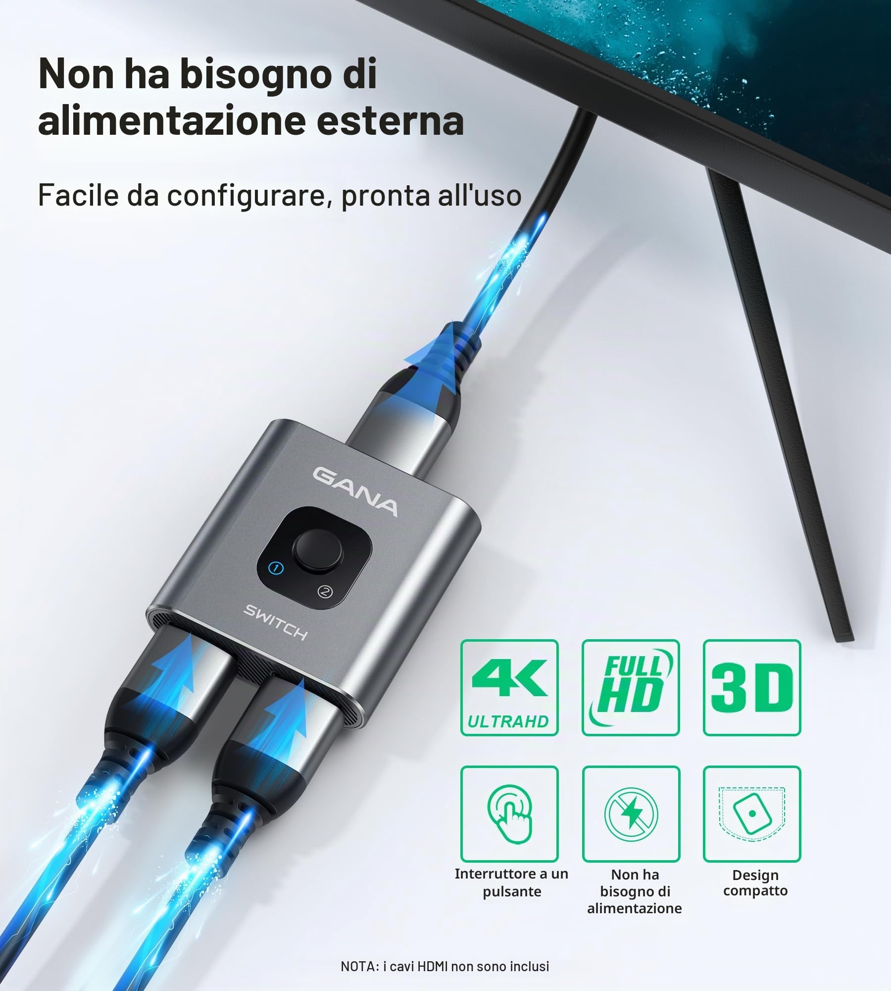 GANA Sdoppiatore HDMI Switch 4K Bidirezionale 2x1 Alluminio per TV Xbox PS5