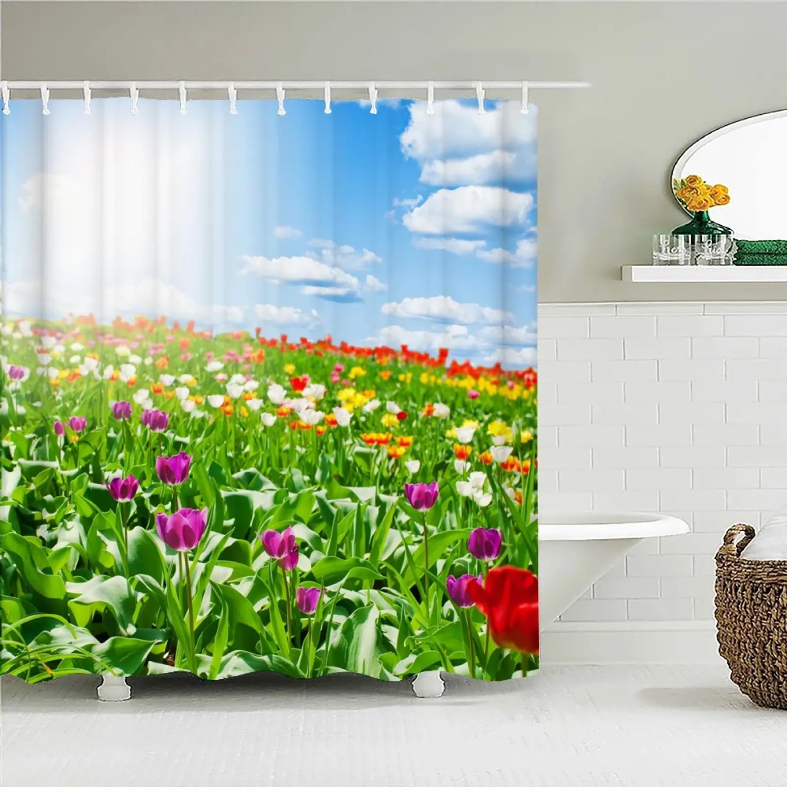 Rideau de douche paysage floral champêtre pour une salle de bain relaxante et zen
