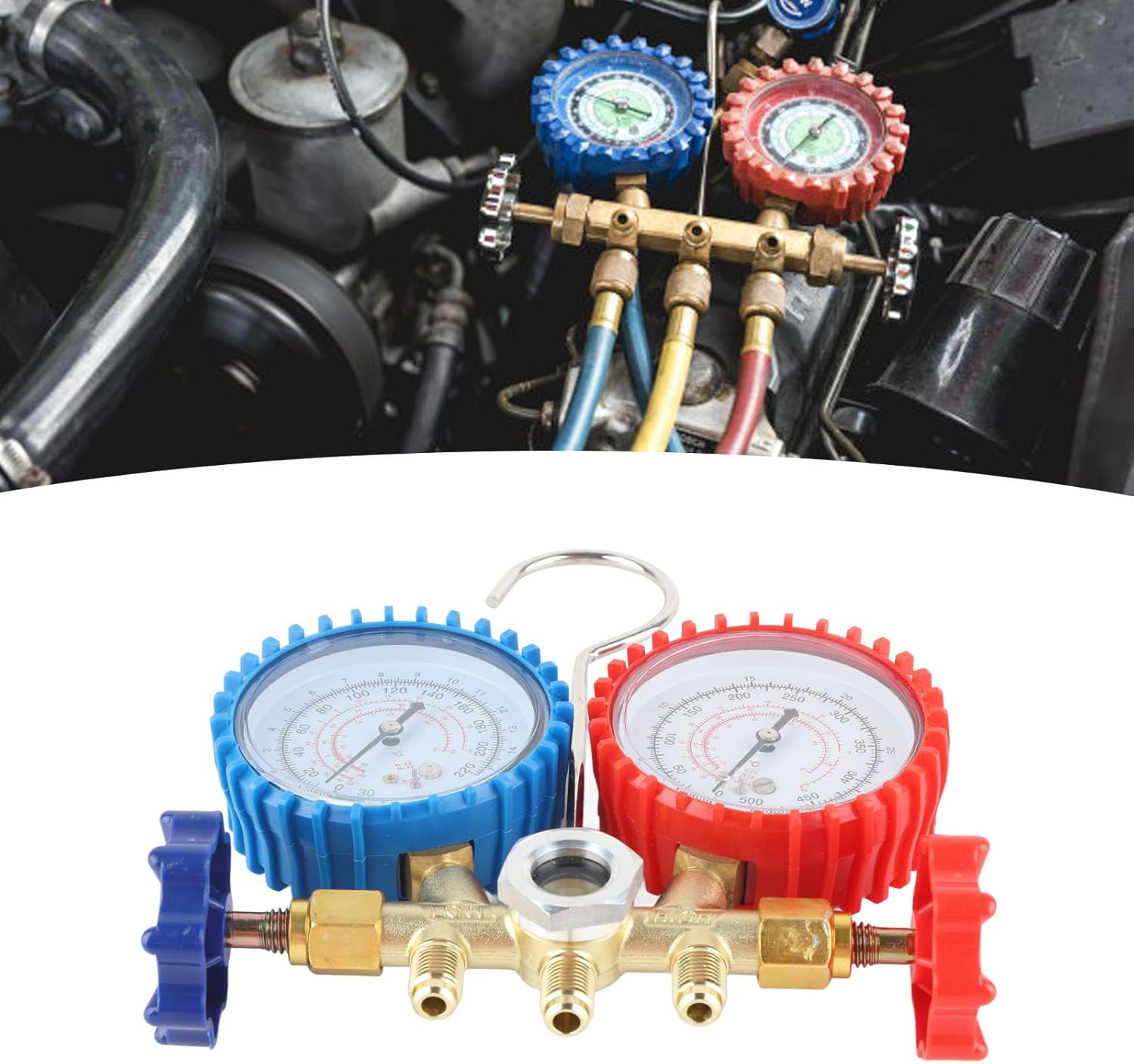 AC Manifold Gauge Set R134A, HVAC Refrigeration Kit with Brass Body and Rubber Hoses for R12 R22 R502 Systems, 3 - Tube Pressure Gauge for AC Repair