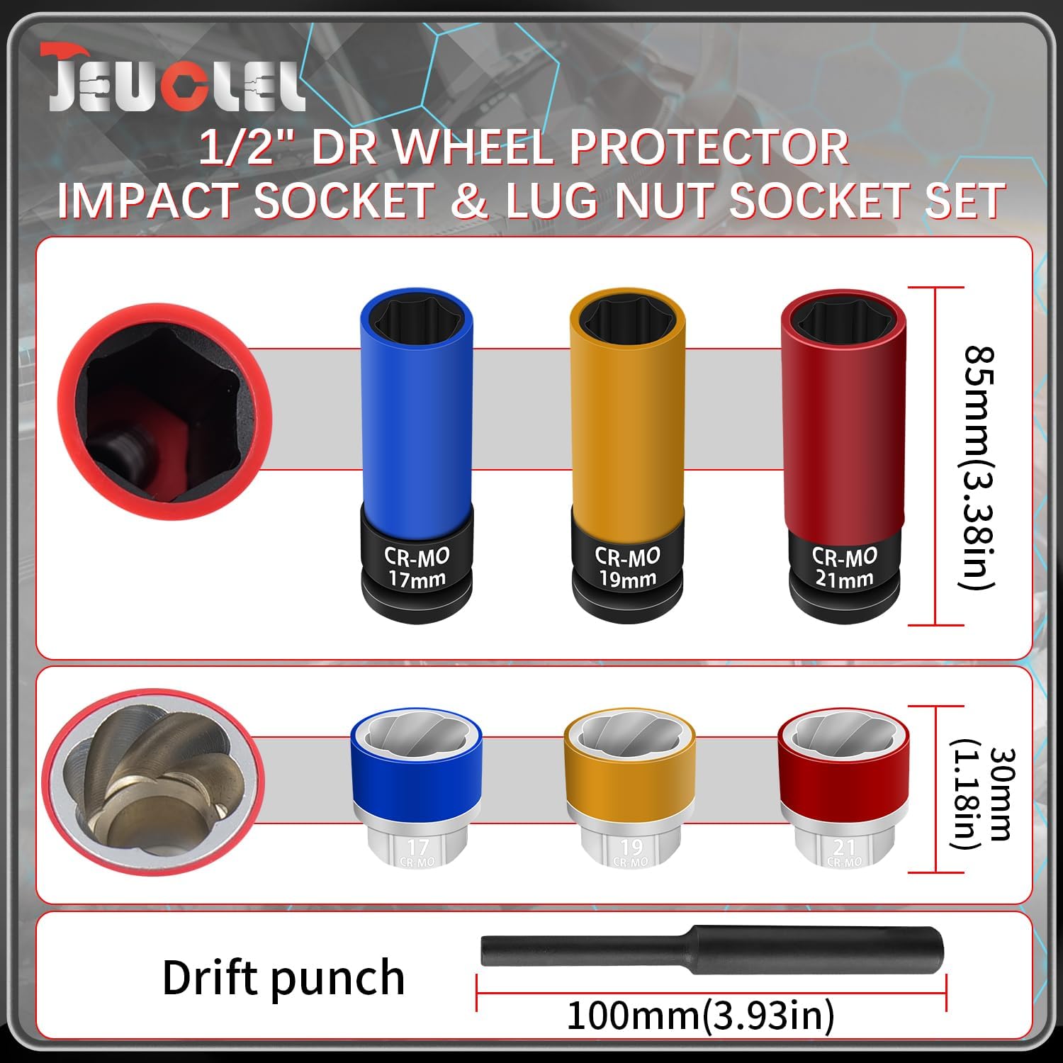 7PCS 1/2" Dr Wheel Protector Impact Socket & Lug Nut Socket Set, 17, 19, 21mm Lug Nut Remover Extractor Tools, 6 Point Non-Marring Lug Nut Thin Wall Deep Socket Wrench, Twist Socket CR-MO