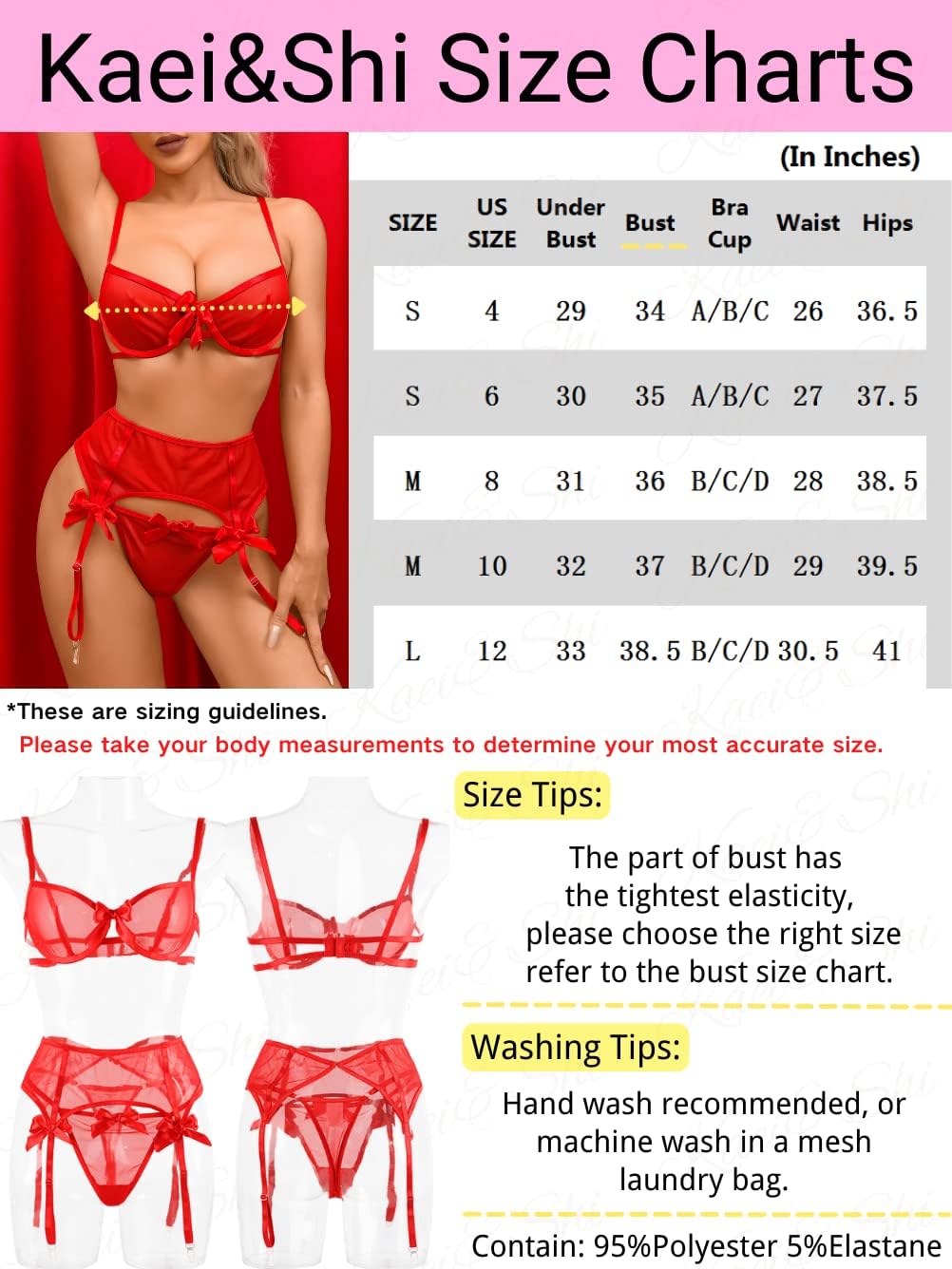 Kaei&Shi 3Pc Sexy Valentines Lingerie, Satin Bow, High Waisted Garter Belt