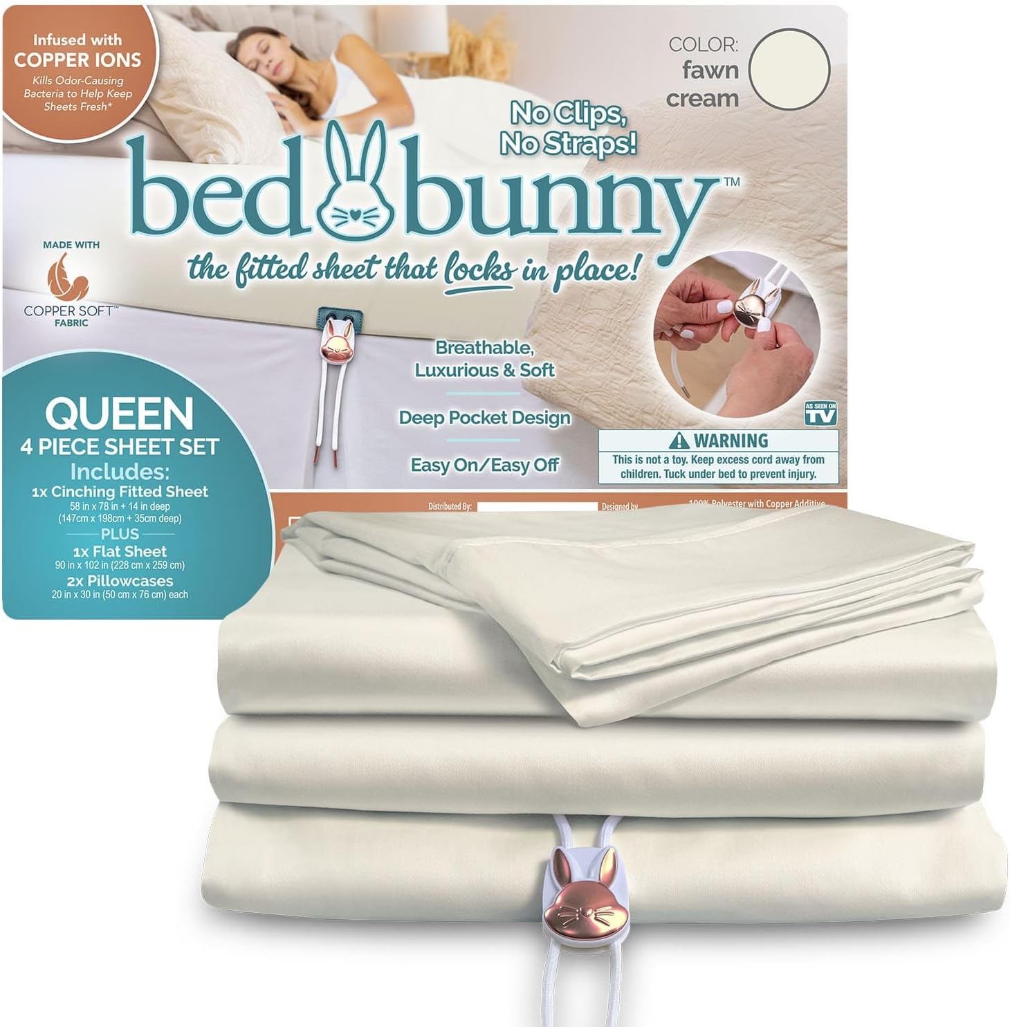 Bed Bunny Queen Locking Fitted Bed Sheet Set (4 Pcs), Stays On & Won’t Slip Off, Built-in StayFit Compression System Hugs Mattresses, AS SEEN ON TV Wrinkle & Stain Resistant CopperSoft™ Fabric (Cream