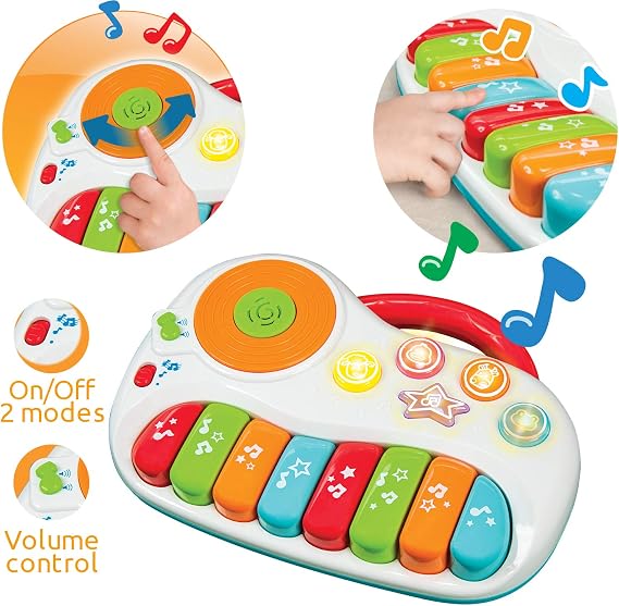 Musical Piano Toy for 1-3 Year Old Toddlers, 8-Key Rainbow Keyboard with DJ Turntable Scratchpad, 5 Light-Up Animal Buttons, Demo Songs, Volume Control and Carry Handle, Boys Girls Gift