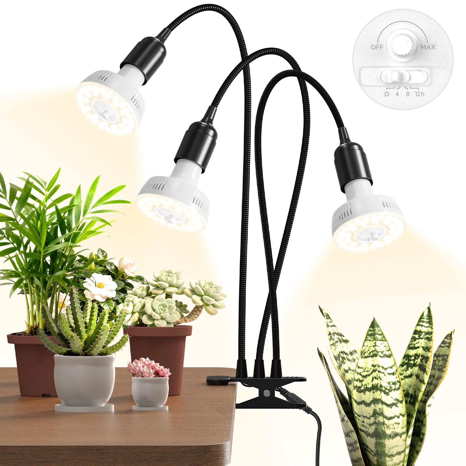 Barrina Orbgrow OG11A3 Clip-On-Pflanzenlampe, 4000K 33W, 3 Schwanenhals | E27, Stufenlose Dimmfunktion, 4/8/12h Timer, 3x11W (Entspricht 300Watt), Vollspektrum-Grow Light für Zimmerpflanzen