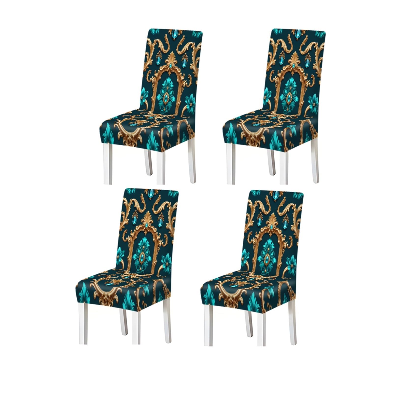 BOSUYBN Teal Gold Baroque Jewel Print Stretch Dining Chair Covers For Kitchen Dining Living Room Luxury, 2/4/6PCS Furniture Protectors for Home Dining Room(4PCSChair cover)