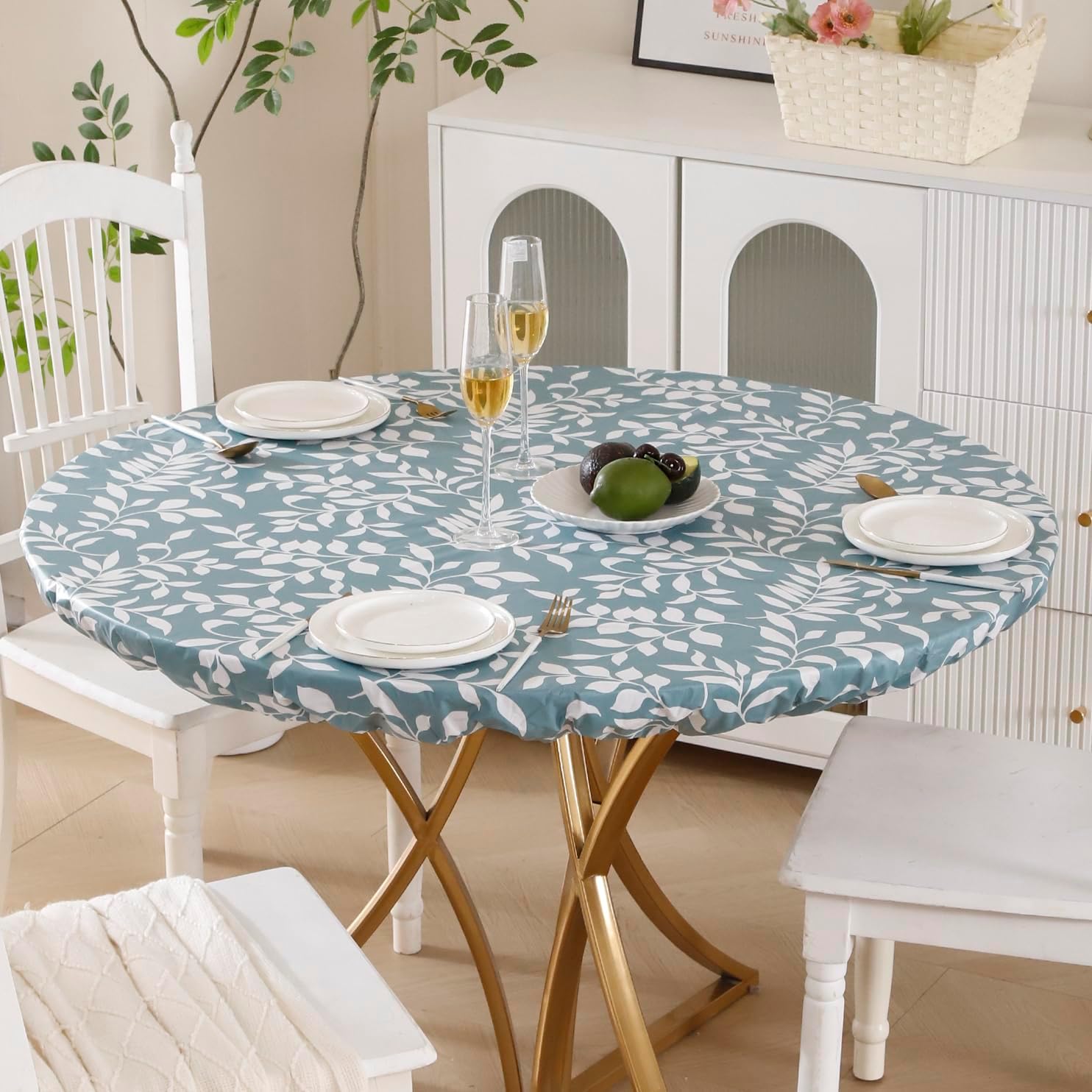 walrus round vinyl fitted tablecloth with flannel backing elastic edge design table cover waterproof oil-proof pvc table cloth stain-resistant best for 37"-44" round leaf 44" (round)