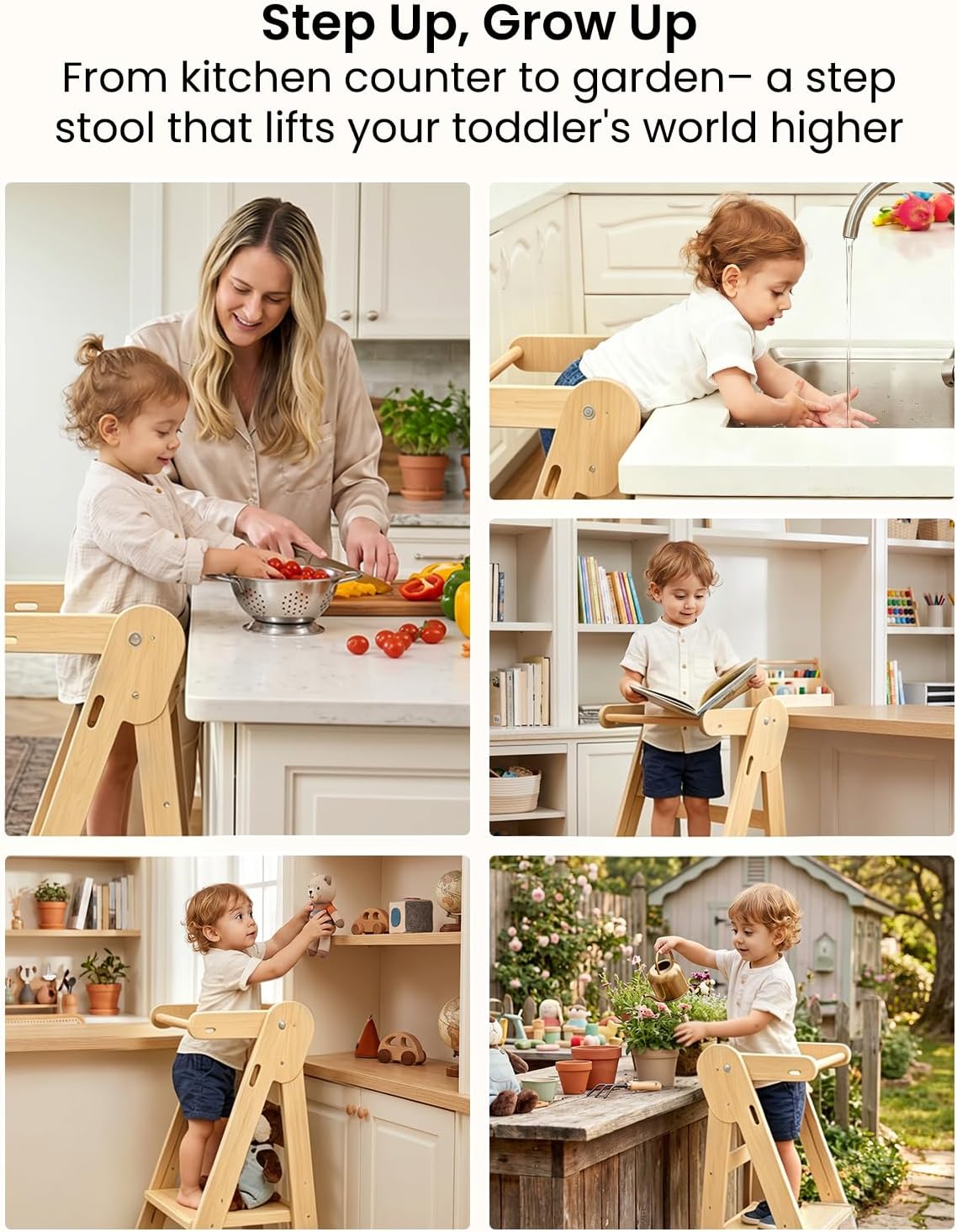 Grownsy Foldable Step Stool Toddler Tower, Toddler Kitchen Stool Helper, Collapsible Kids Standing Tower with 3 Adjustable Heights for Kitchen Bathroom Sink Counter (Natural)