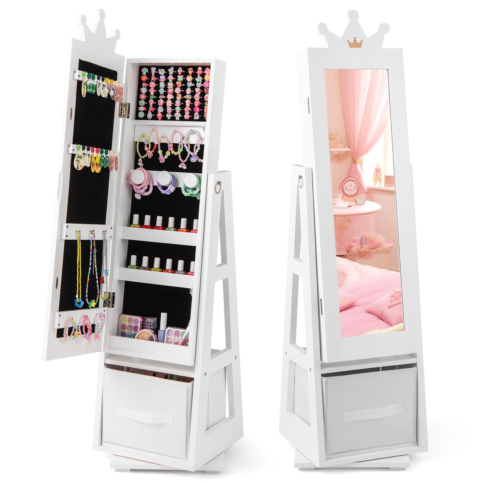 COSTWAY COSTWAY Armario para Joyas para Niñas, Espejo Joyero de Cuerpo Completo Independiente con Gran Capacidad de Almacenamiento y Base Giratoria, Espejo de Vanidad Giratorio para Niños (Blanco)