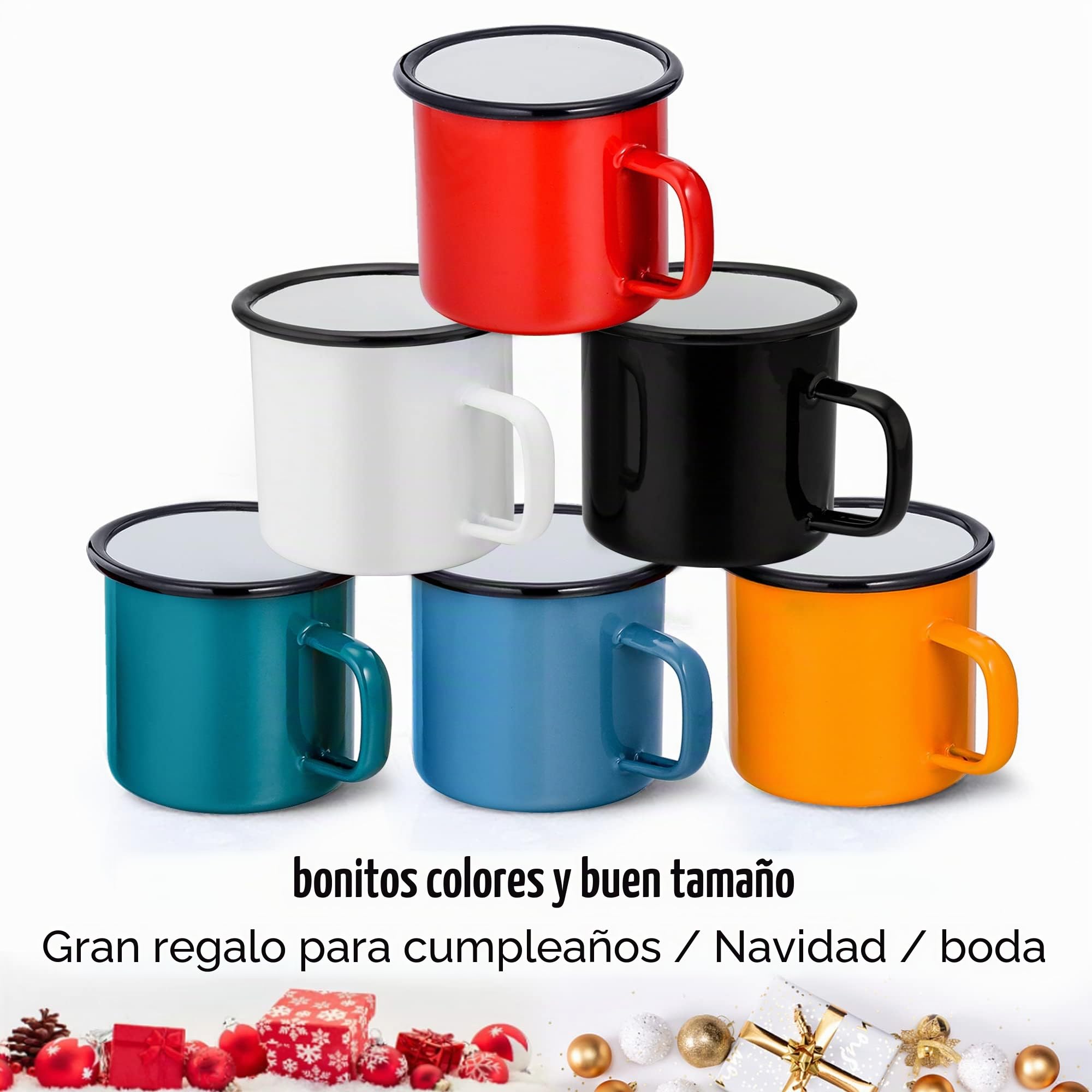 Herogo Juego de 6 tazas de esmalte, tazas de café blanco/negro/rojo/azul/verde/amarillo, tazas de té esmaltadas de porcelana con asa para camping, casa, fiesta, reutilizable y portátil, 350 ml