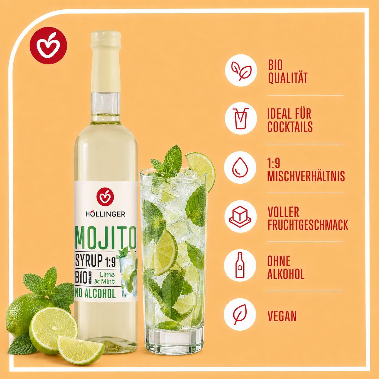 Höllinger Bio Cocktail Party Mixbox alkoholfrei, 6 Sorten Sirup in Glasflaschen, Mojito, Aperitivo, Limoncello, Bellini, Berry Royale & Strawberry Daiquiri, vegan, 6 x 0,5 l