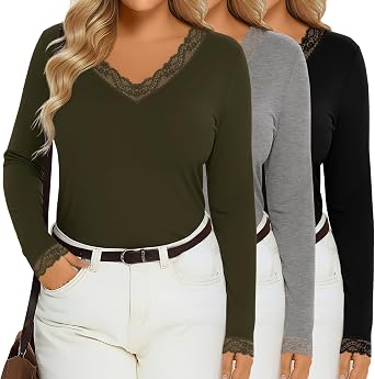 Evervibe 3 Pack Womens Plus Size Long Sleeve T-Shirts, Lace V Neck Loose Fit Tops Casual Fall Shirts Basic tee for Leggings
