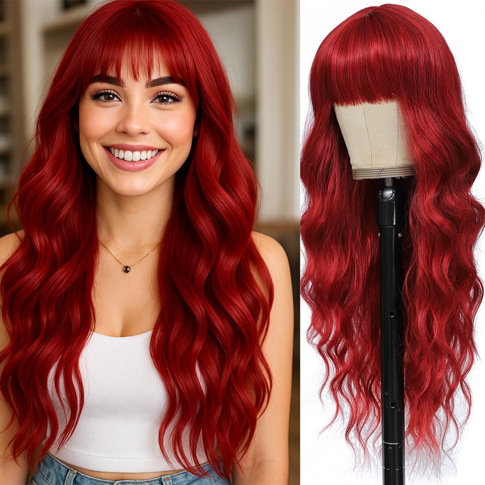 WAVE&BREEZE Long Red Wigs with Bangs 26Inch Wavy Curly Hair for Women Tangle Free Soft Natural Looking Premium Heat Resistant Protein Fiber Daily Party Use 26 Inch Mixed Red