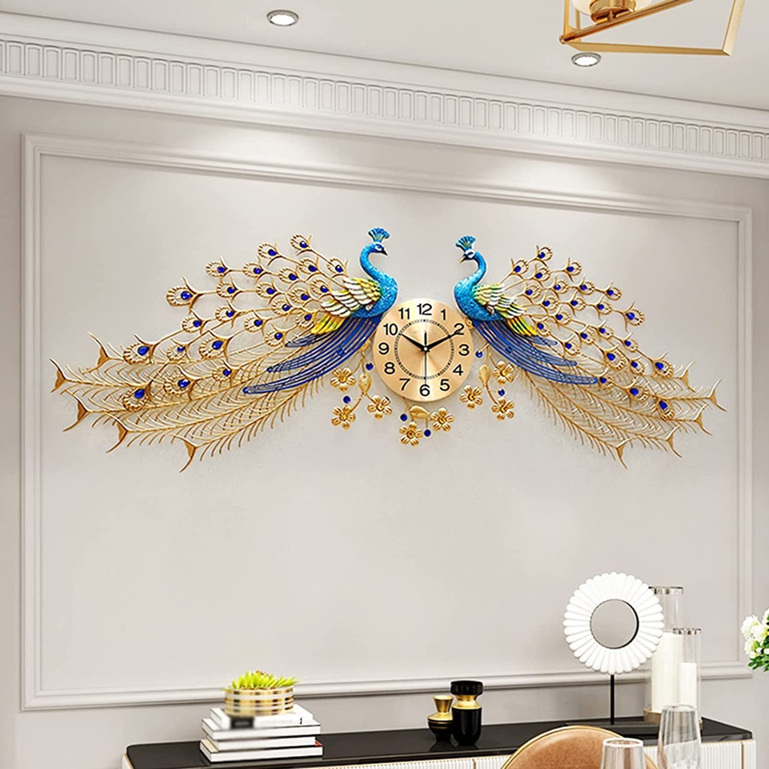 SaryEdge Wall Clock Modern Art Wall Clock Metal Peacock Clock Large Wall Clock for Living Room Decoration Modern Quartz Operated Silent Non Ticking Bedroom Wall Clock, 156,