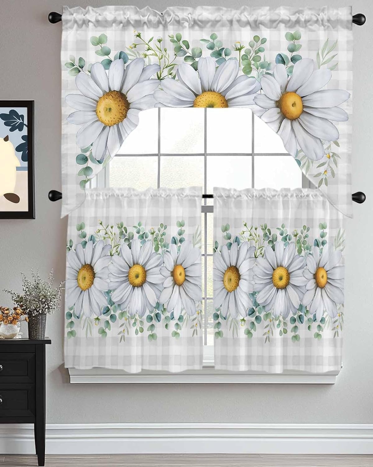 Flower Eucalyptus Kitchen Curtains Swag Valance and Tier Curtains Set 24 Inch Length, Rod Pocket Drape Panels Pair Swag Curtains for Bathroom/Cafe/Window Farmhouse Daisy Buffalo Plaid Check Grey