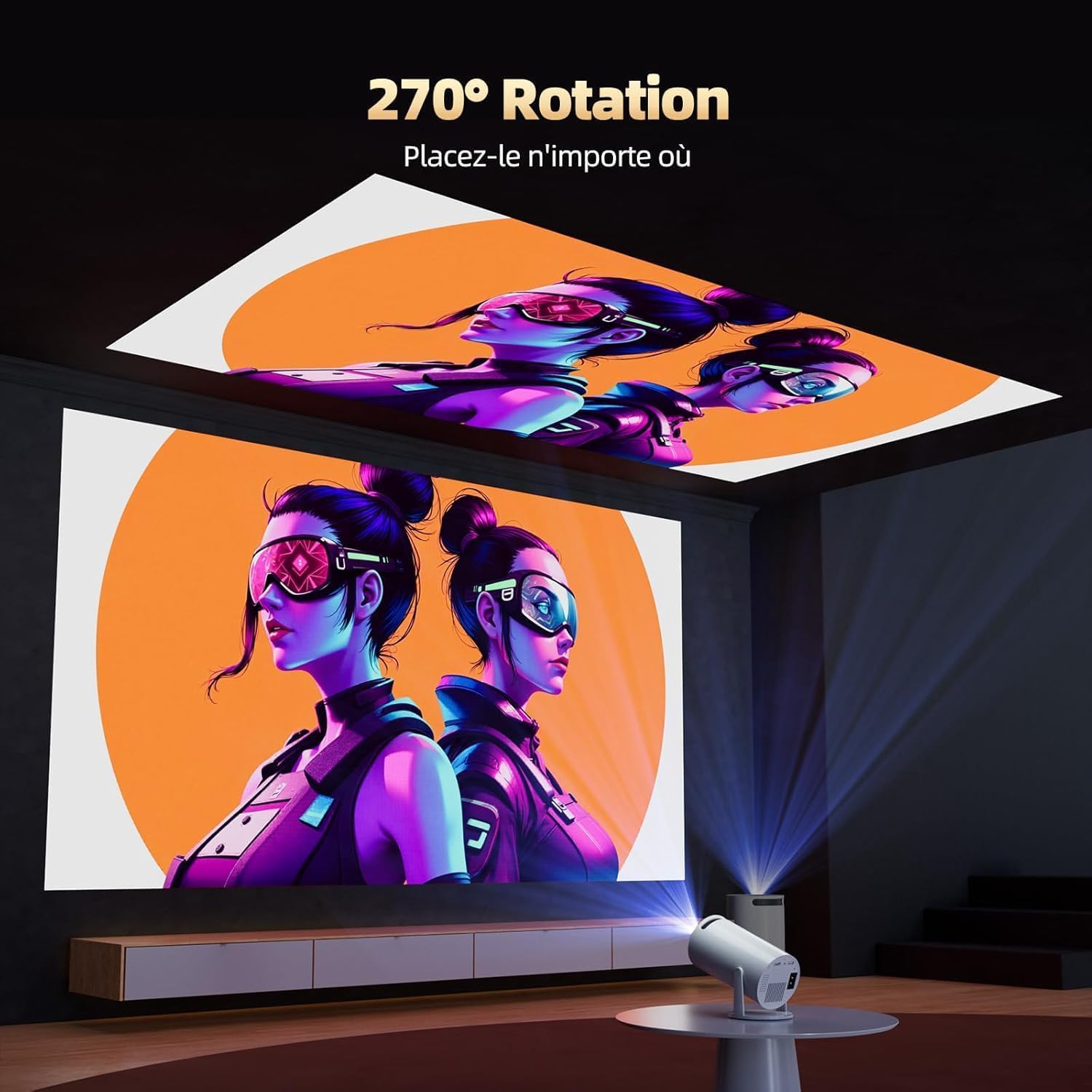 Beamer Unterstützt 4K, Projektor Heimkino mit WLAN und Bluetooth, 270° Drehung, Automatische Vertikale Trapezkorrektur, Kompatibel mit iPhone/TV Stick/HDMI/USB