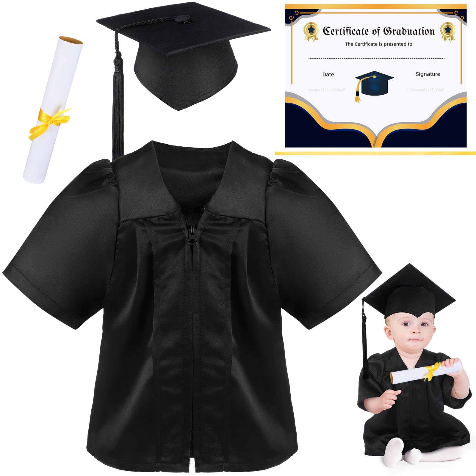Cozypower Baby Graduation Cap and Gown for Infant Toddler Costume With Certificate for Preschool Nicu Gift(M(6-12 Months)) Black