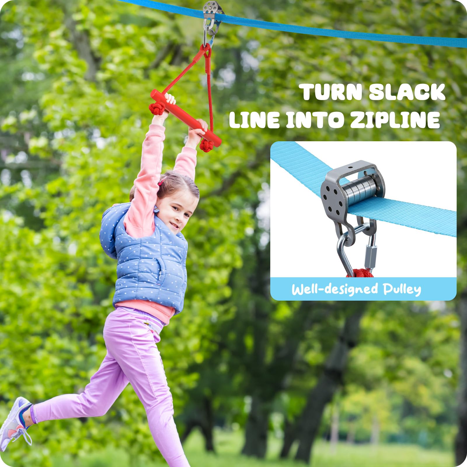 Hapfan Slackline, 15M Escalada Cuerda con Polea para Niños, Slackline Equipos Brazo de Entrenamiento de Gimnasi al Aire Libre (Color)