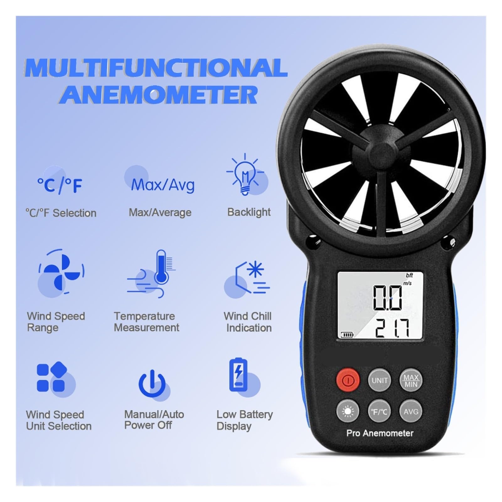 Anemometry, Anemometr, wskaźnik prędkości wiatru i temperatury, wskaźnik odczuwalnej temperatury, przenośny, wyświetlacz LCD, prąd/średnia/maks./min.