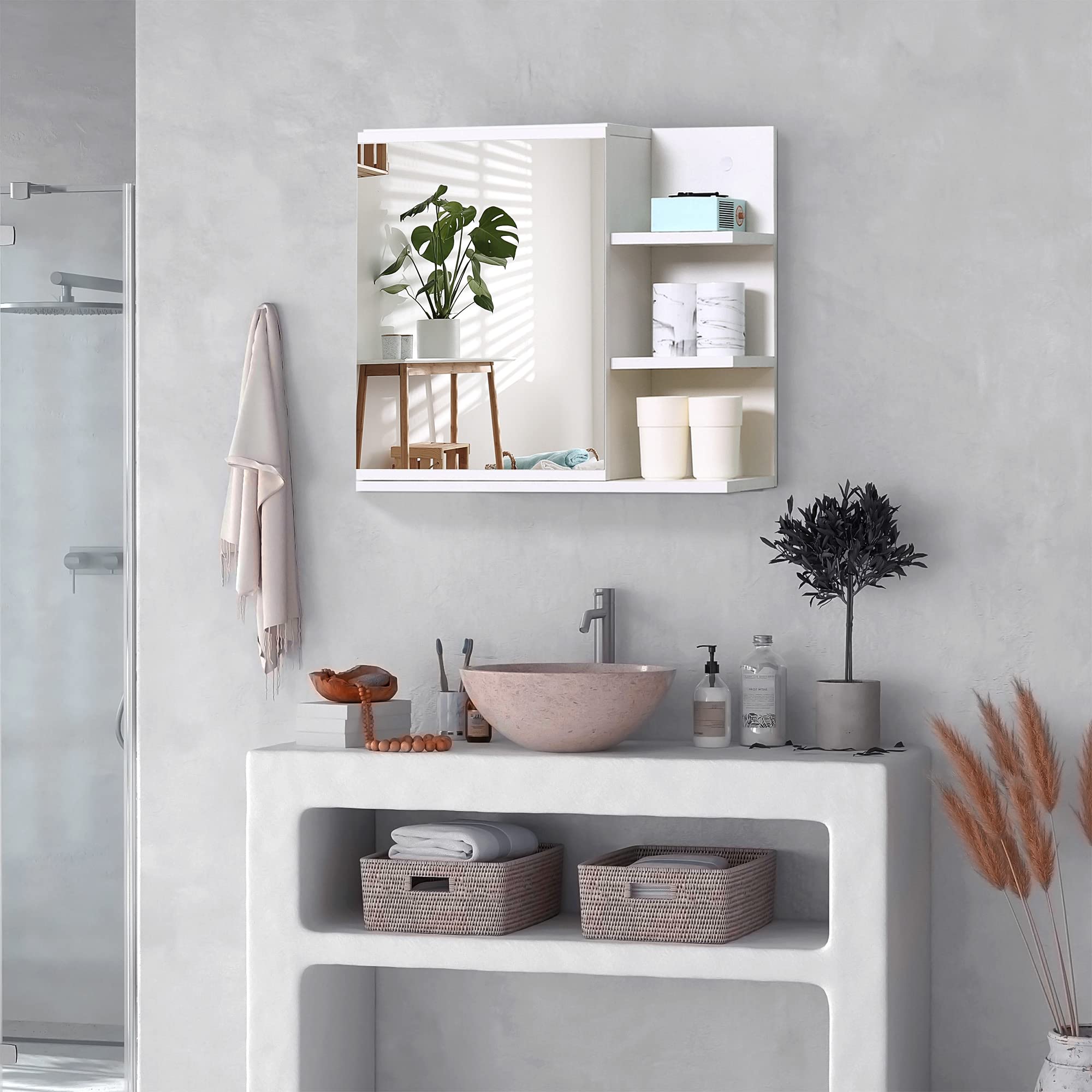 kleankin Armario de Baño con Espejo Armario con Espejo para Baño con 3 Estantes Abiertos y 1 Estante Interior Estilo Moderno 60x18x50 cm Blanco