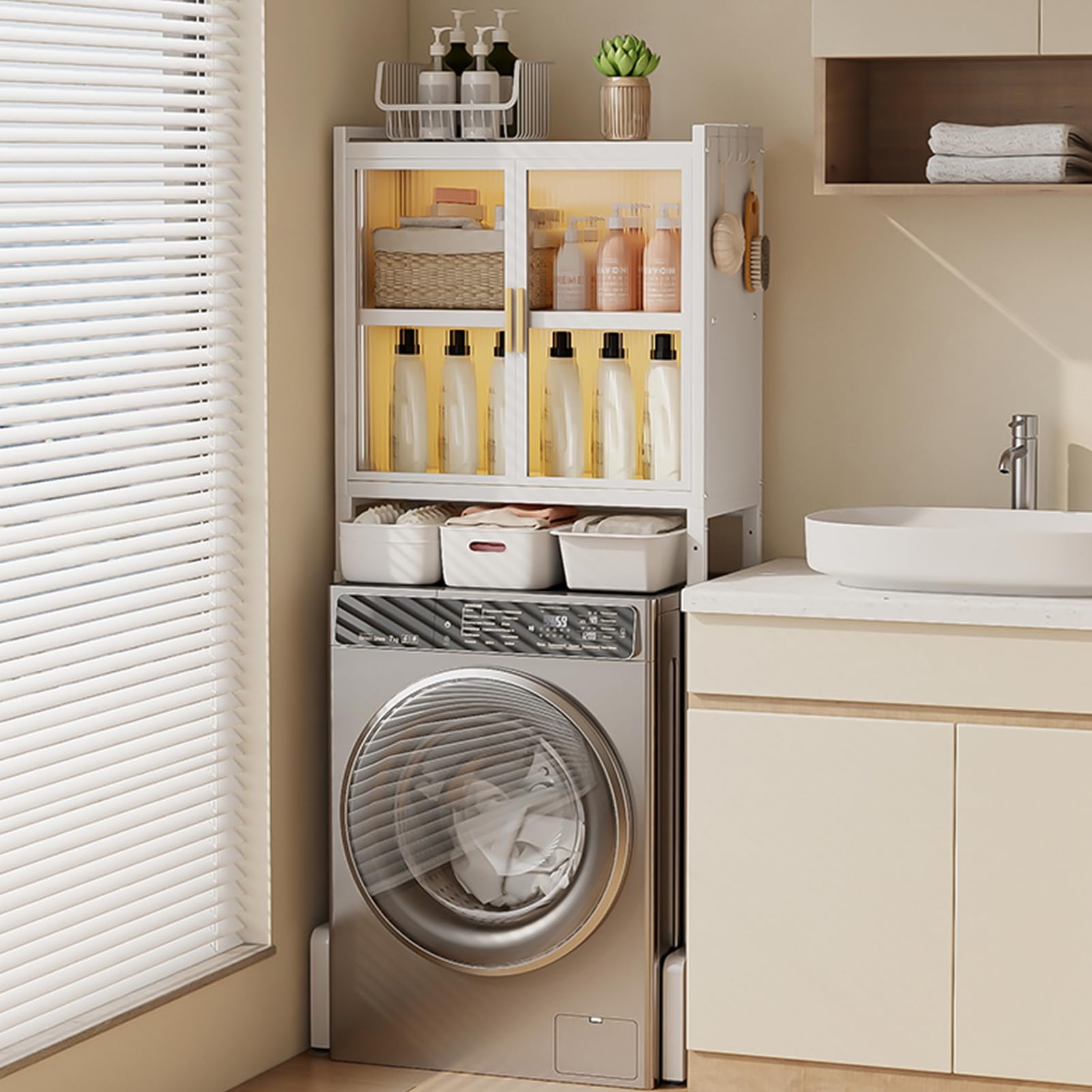 DAYONG Over Washing Machine Storage Rack, 3-Tiers Drum Washer Dryer Stand Shelves, Bathroom Balcony Organizer Rack Laundry Shelf for Space Saving (White, Double Doors 3-Tier)