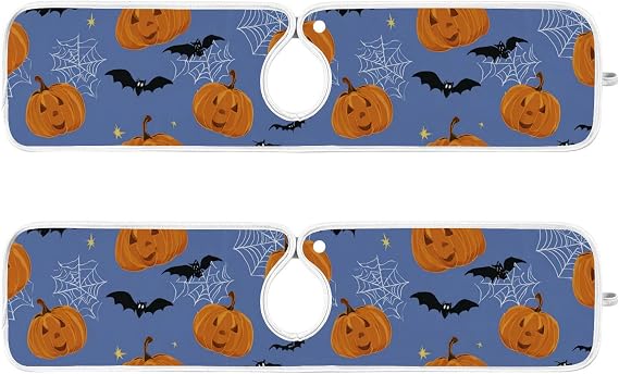 Kitchen Faucet Mat Halloween Pumpkins Bats Spider Webs Cartoon Sink Faucet Dish Drying Mat 2 PCS Sink Protectors pad Splash Guard Drip Catcher Absorbent for Bathroom Counter RV 30x5 in