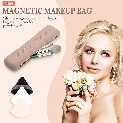 Miniatura 5 de Bolsas de cosméticos de viaje para mujer  Bolsa magnética para brochas de maquillaje con 3 piezas de polvo triangular, lindo organizador portátil de
