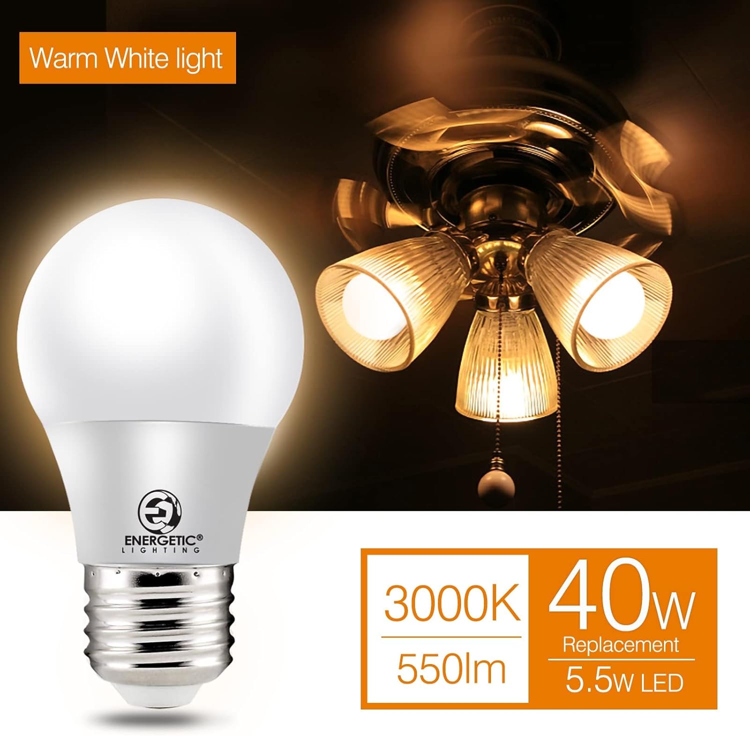 Energetic A15 LED Bulb, 5.5W Refrigerator Bulb (40 W Equivalent), 3000K Warm White, Dimmable A15 Ceiling Fan Light Bulbs, Appliance Bulb, E26 Base, 550 LM, UL Listed, 6 Pack