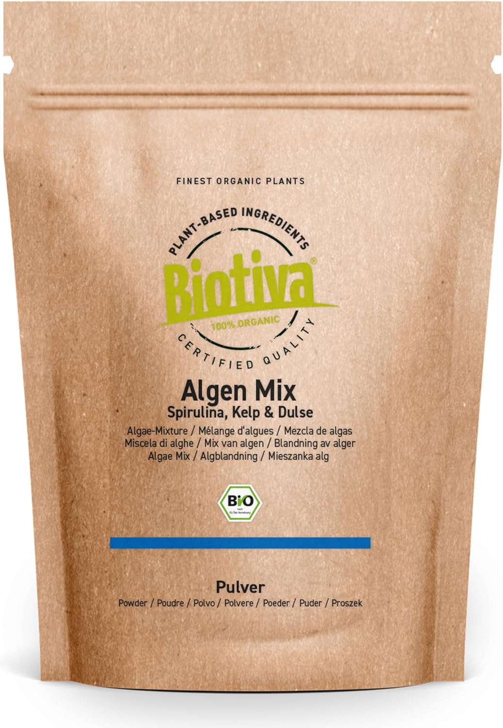 Algae Mix Organic 150g Powder – Dulse Kelp Spirulina – Algae Mixture from Organic Farming – Bottled and Controlled in Germany – Biotiva