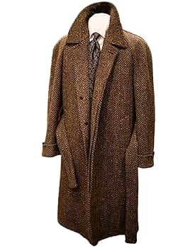 Pkrboro Men's Herringbone Tweed Overcoat Single Breasted