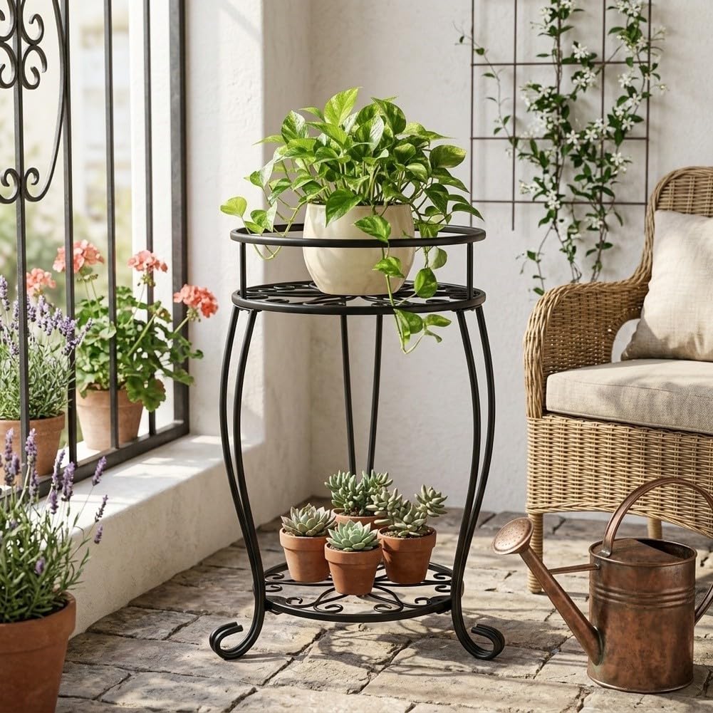 2 Etagen Pflanzenständer Metall Schwarz, Rostfreier | Blumenständer für Wohnzimmer & Balkon, Stabiles Pflanzengestell mit Blumenmuster, Topfhalter für regal für Garten Innen